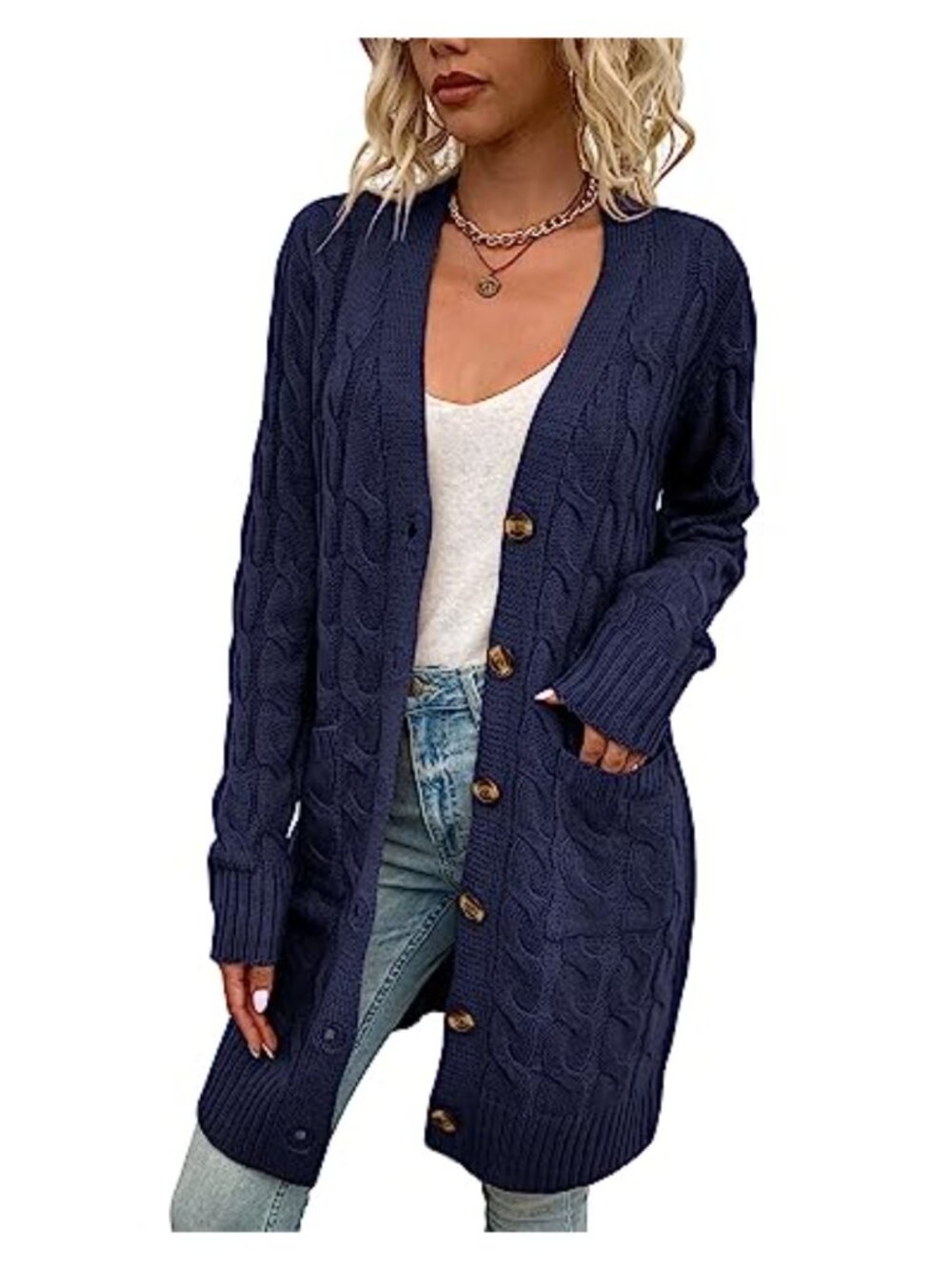 Womens Cable Knit Cardigan Long Sleeve Button Front Loose Sweater with Pockets